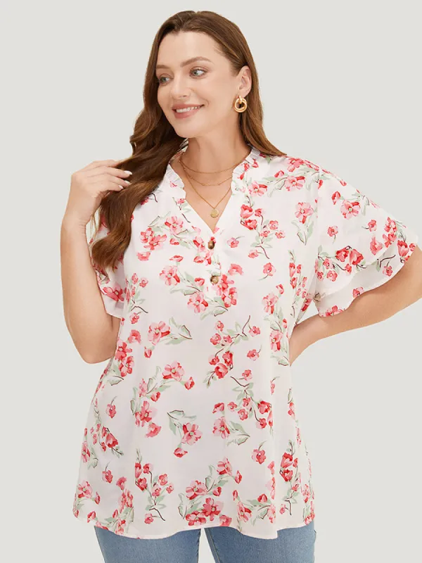 Floral Printed Button Up Flutter Layered Sleeve Blouse sold by Bloomchic