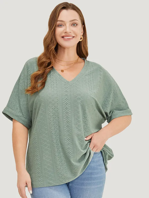Plain Roll Sleeve Broderie Anglaise T-shirt sold by Bloomchic