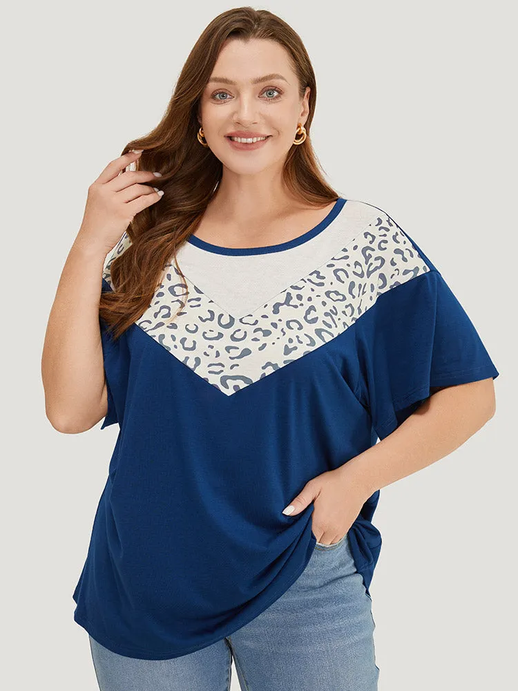Leopard Contrast Batwing Sleeve Patchwork T-shirt sold by Bloomchic