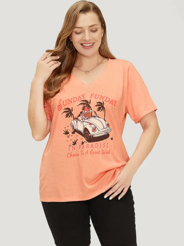 Car & Letter Print V Neck Drop Shoulder T-shirt sold by Bloomchic