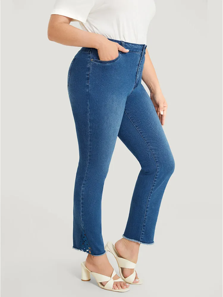 Very Stretchy High Rise Medium Wash Lace Insert Raw Hem Jeans sold by Bloomchic product image thumbnail 5
