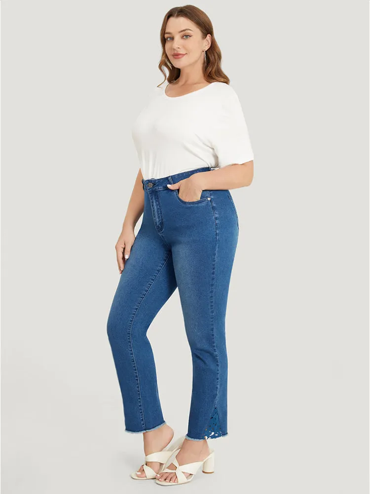 Very Stretchy High Rise Medium Wash Lace Insert Raw Hem Jeans sold by Bloomchic product image thumbnail 2