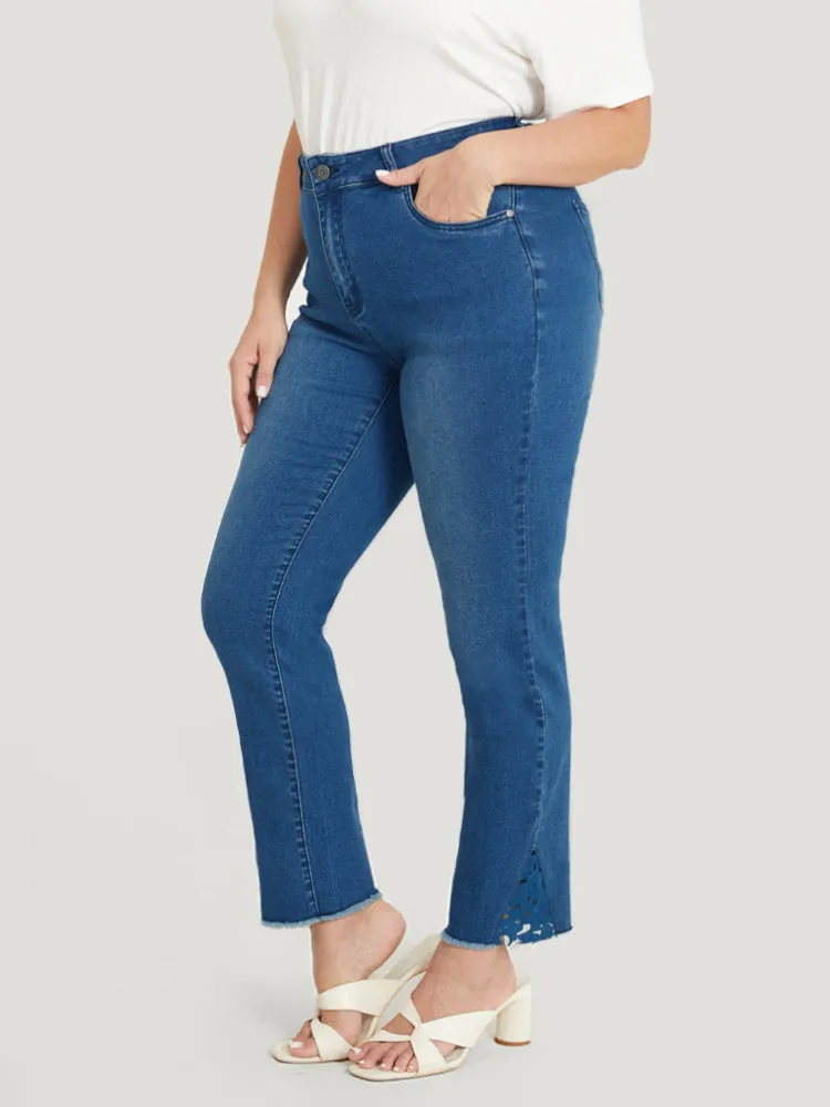 Very Stretchy High Rise Medium Wash Lace Insert Raw Hem Jeans sold by Bloomchic