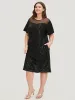 Sequin Mesh Insert Crew Neck Pocket Keyhole Midi Dress sold by Bloomchic