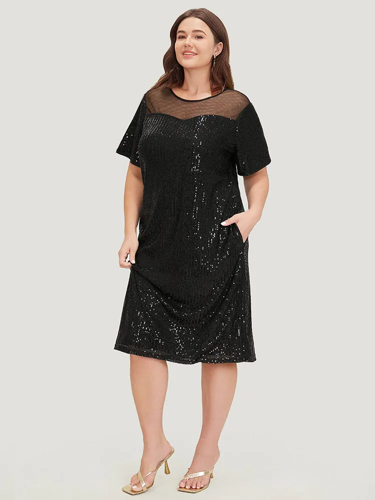 Sequin Mesh Insert Crew Neck Pocket Keyhole Midi Dress sold by Bloomchic product image thumbnail 3