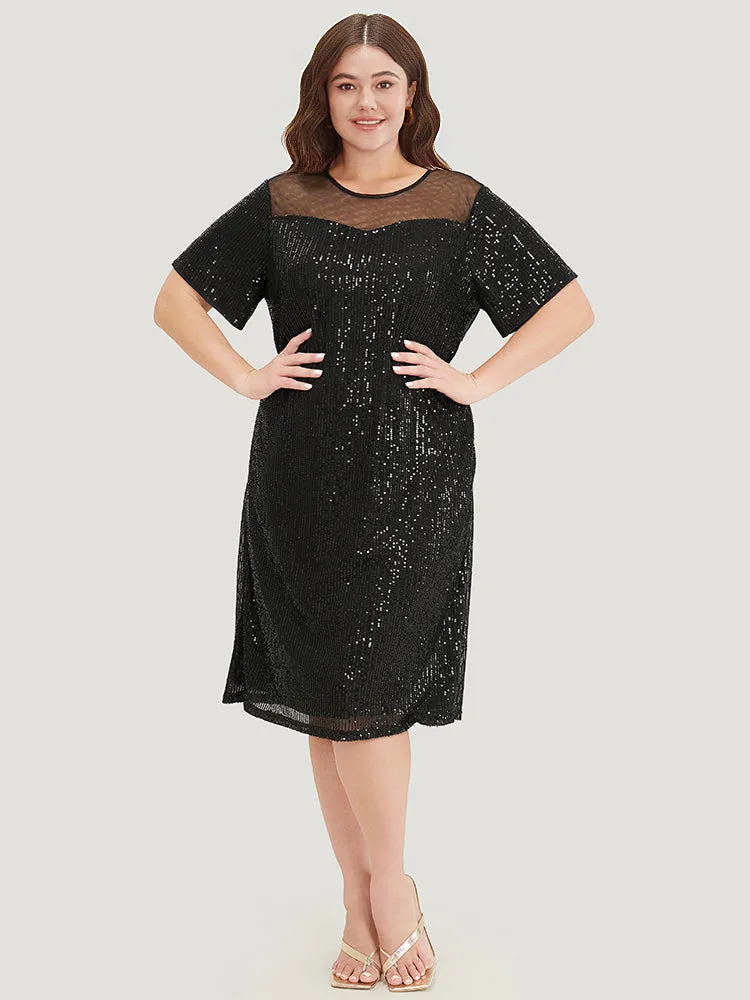 Sequin Mesh Insert Crew Neck Pocket Keyhole Midi Dress sold by Bloomchic product image thumbnail 4