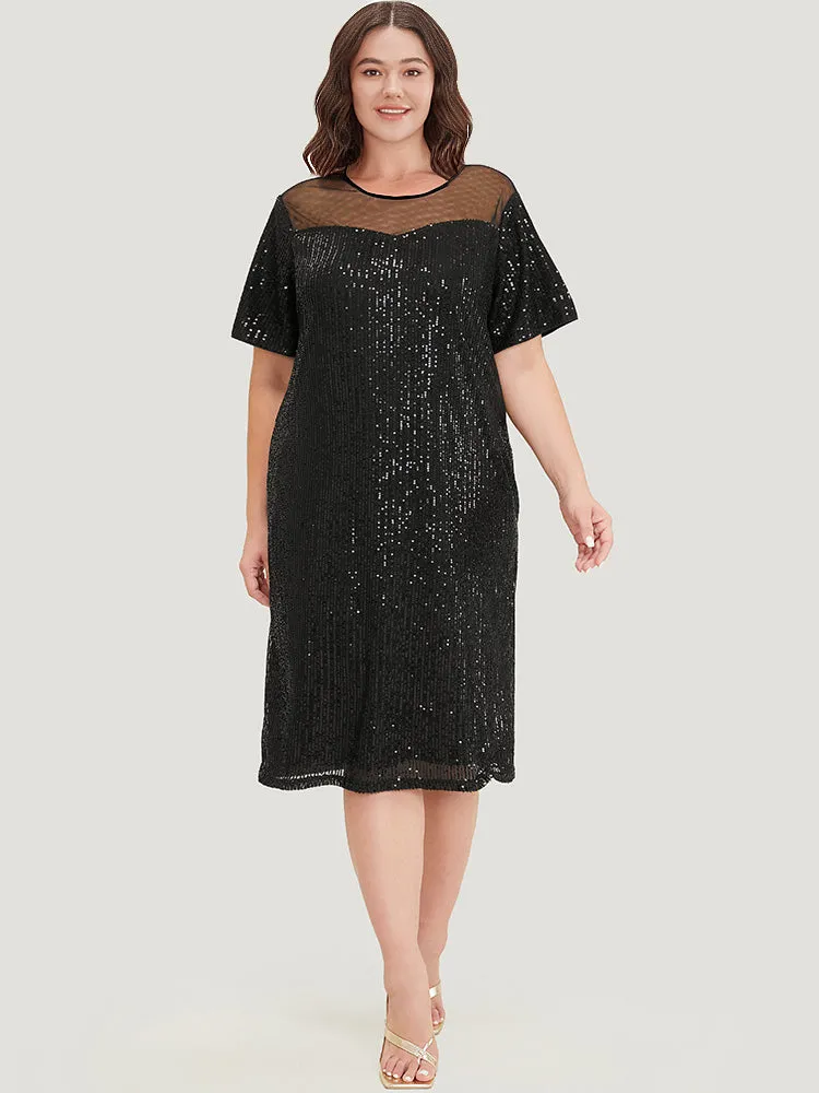 Sequin Mesh Insert Crew Neck Pocket Keyhole Midi Dress sold by Bloomchic