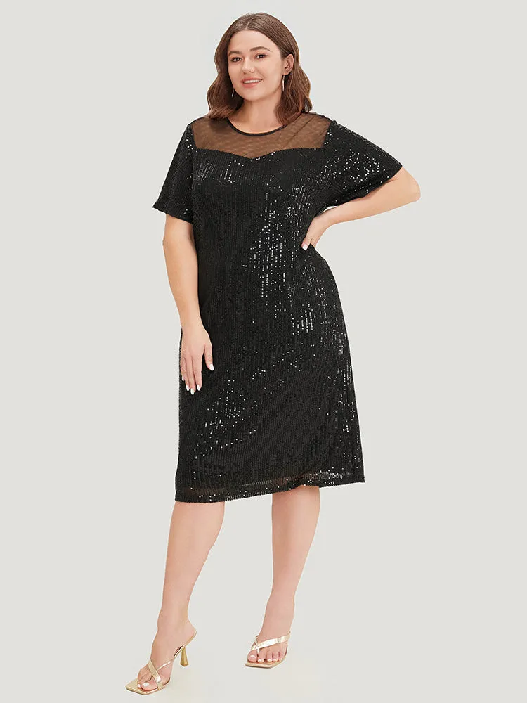 Sequin Mesh Insert Crew Neck Pocket Keyhole Midi Dress sold by Bloomchic product image thumbnail 5