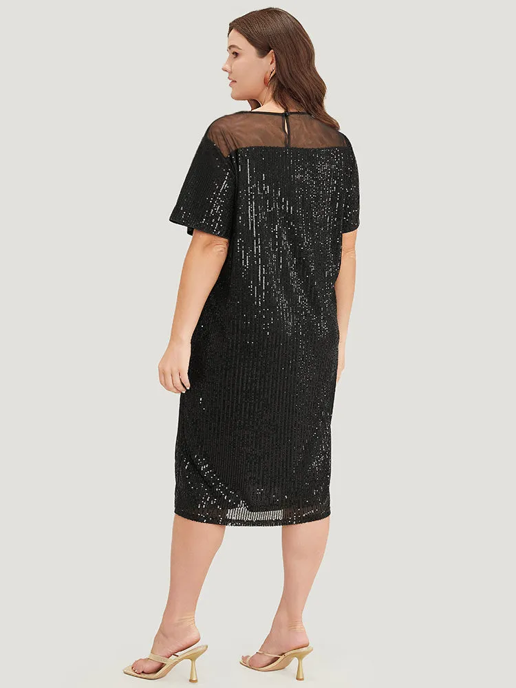 Sequin Mesh Insert Crew Neck Pocket Keyhole Midi Dress sold by Bloomchic product image thumbnail 2