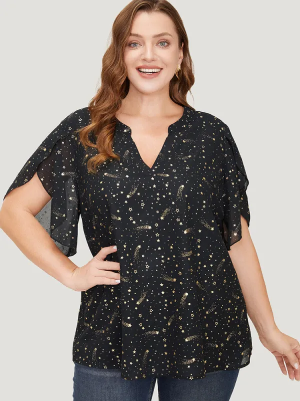 Glitter Star Print Notched Split Petal Sleeve Blouse sold by Bloomchic