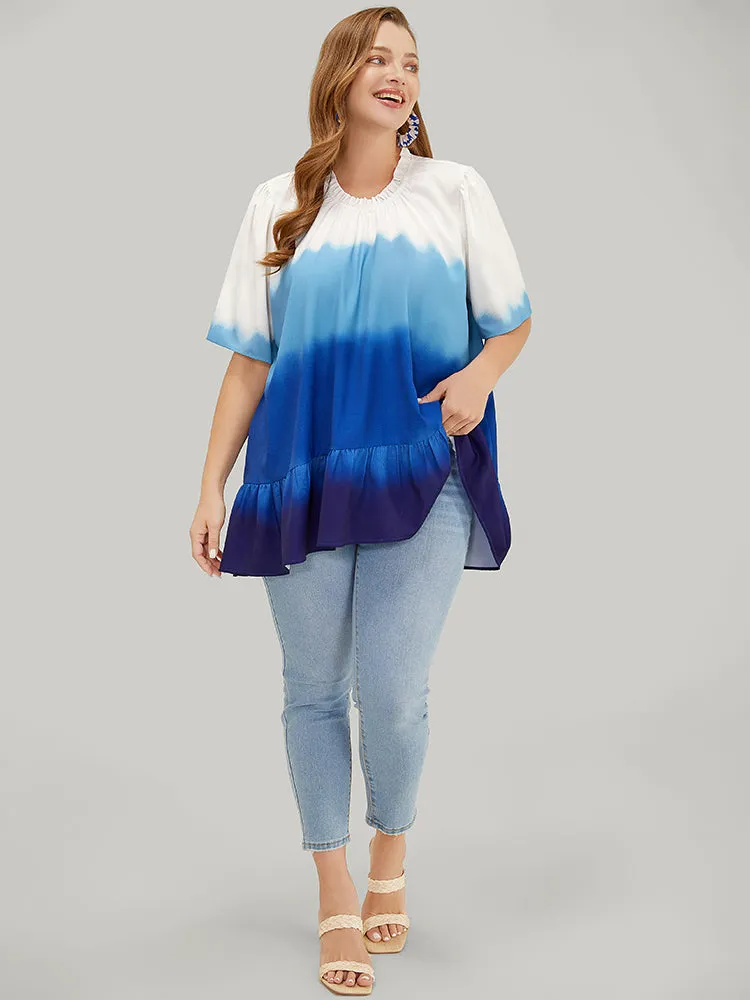 Tie Dye Frill Trim Mock Neck Ruffle Asymmetrical Hem Blouse sold by Bloomchic product image thumbnail 4