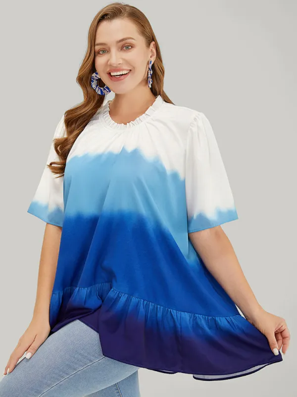 Tie Dye Frill Trim Mock Neck Ruffle Asymmetrical Hem Blouse sold by Bloomchic