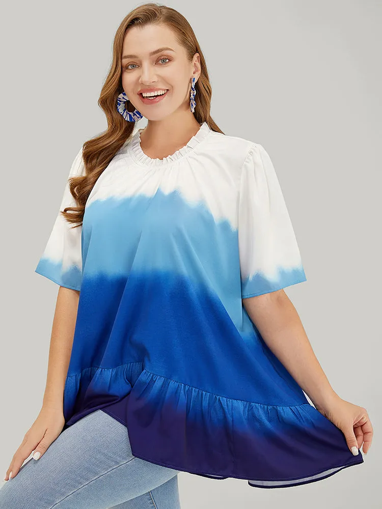 Tie Dye Frill Trim Mock Neck Ruffle Asymmetrical Hem Blouse sold by Bloomchic