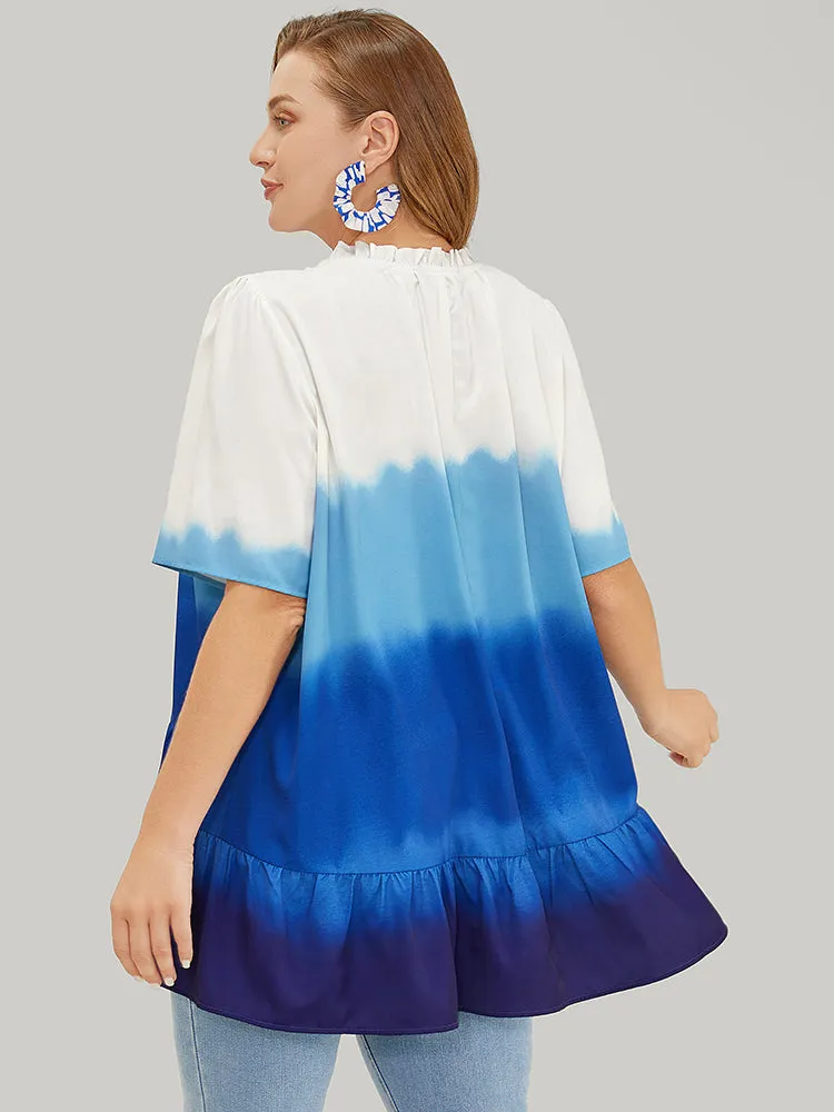 Tie Dye Frill Trim Mock Neck Ruffle Asymmetrical Hem Blouse sold by Bloomchic product image thumbnail 5