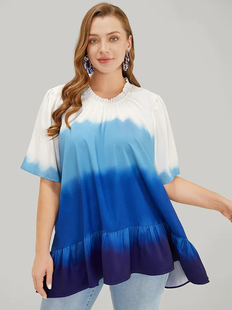 Tie Dye Frill Trim Mock Neck Ruffle Asymmetrical Hem Blouse sold by Bloomchic product image thumbnail 2