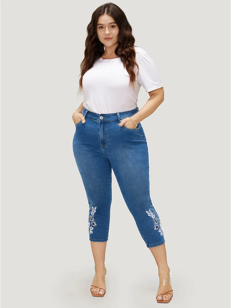 Very Stretchy High Rise Medium Wash Embroidered Cropped Jeans sold by Bloomchic product image thumbnail 2