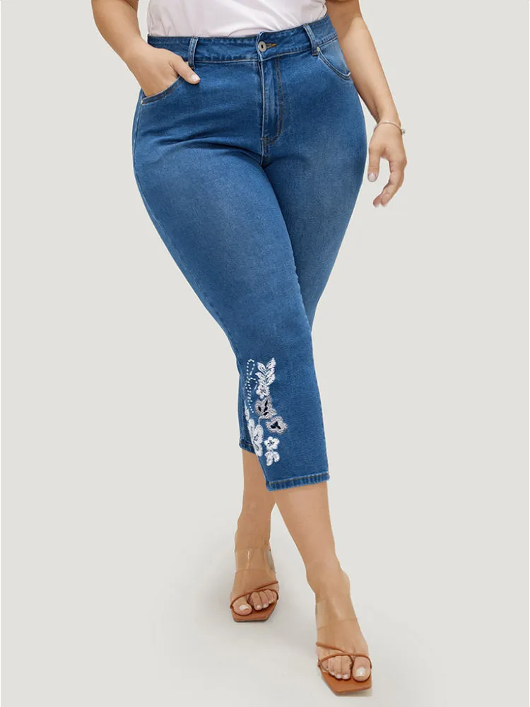 Very Stretchy High Rise Medium Wash Embroidered Cropped Jeans sold by Bloomchic product image thumbnail 5