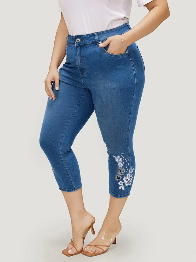 Very Stretchy High Rise Medium Wash Embroidered Cropped Jeans sold by Bloomchic product image thumbnail 3