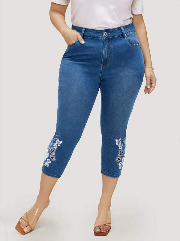 Very Stretchy High Rise Medium Wash Embroidered Cropped Jeans sold by Bloomchic