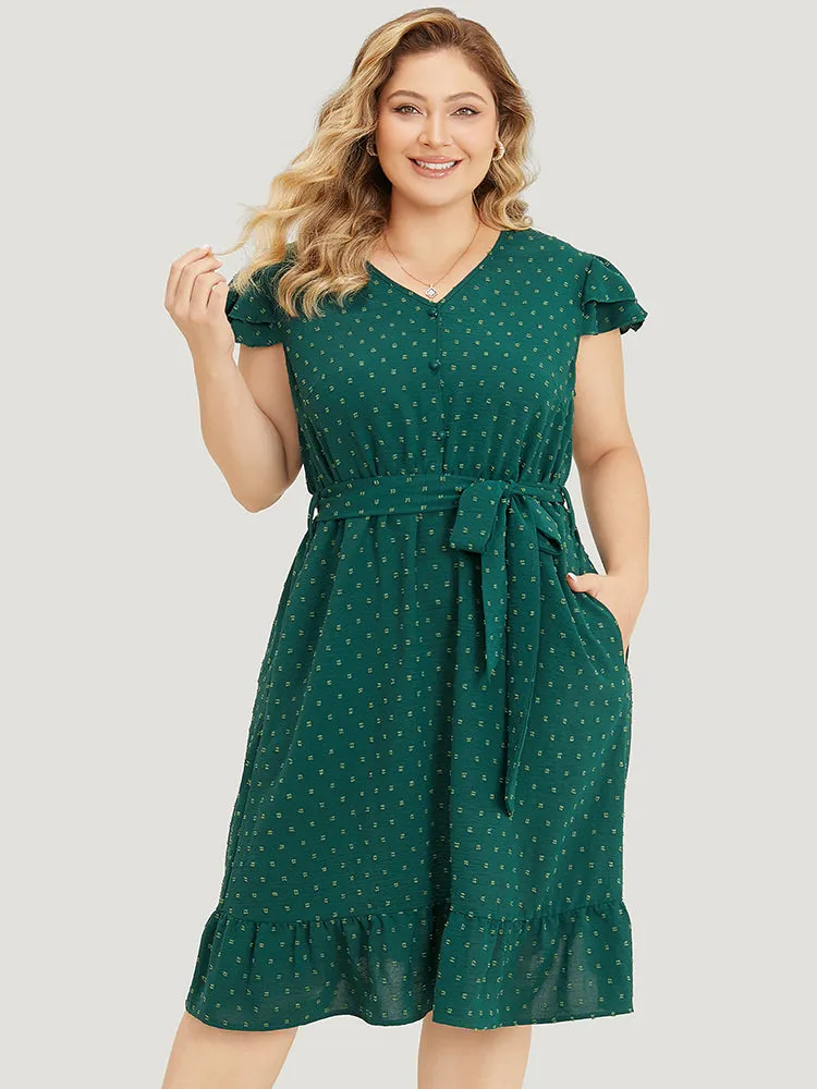 Polka Dot Layered Sleeve Pocket Button Up Belted Flutter Dress sold by Bloomchic product image thumbnail 5