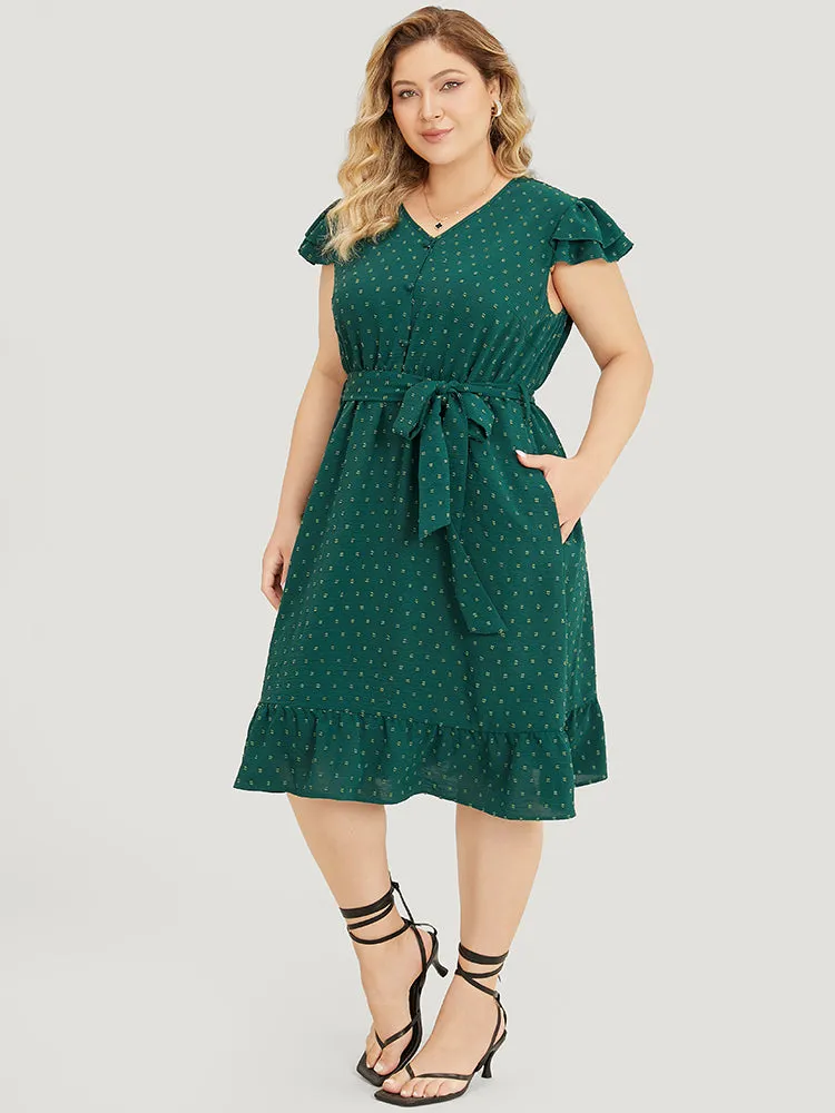 Polka Dot Layered Sleeve Pocket Button Up Belted Flutter Dress sold by Bloomchic product image thumbnail 2