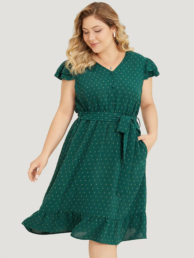 Polka Dot Layered Sleeve Pocket Button Up Belted Flutter Dress sold by Bloomchic product image thumbnail 4
