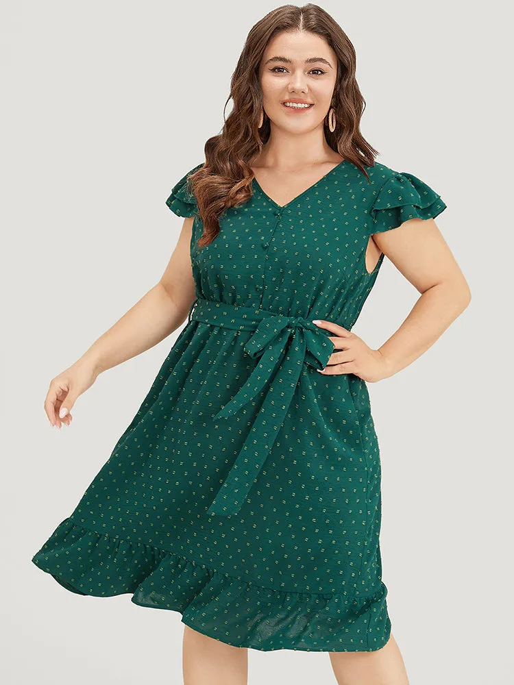 Polka Dot Layered Sleeve Pocket Button Up Belted Flutter Dress sold by Bloomchic