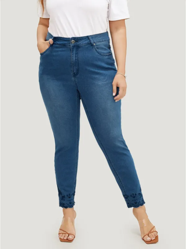 Very Stretchy High Rise Medium Wash Embroidered Scalloped Hem Jeans sold by Bloomchic