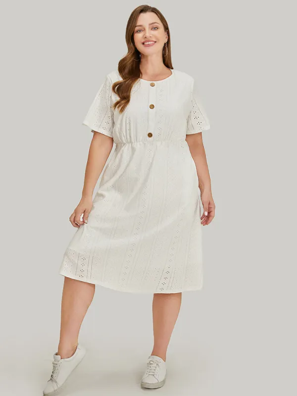 Solid Button Detail Pocket Broderie Anglaise Dress sold by Bloomchic