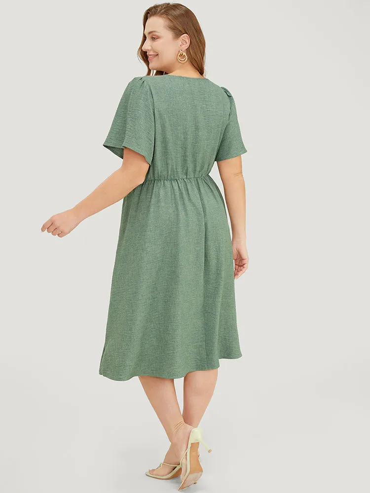 Solid Pleated Detail Lace Pocket Ruffle Sleeve Dress sold by Bloomchic product image thumbnail 5