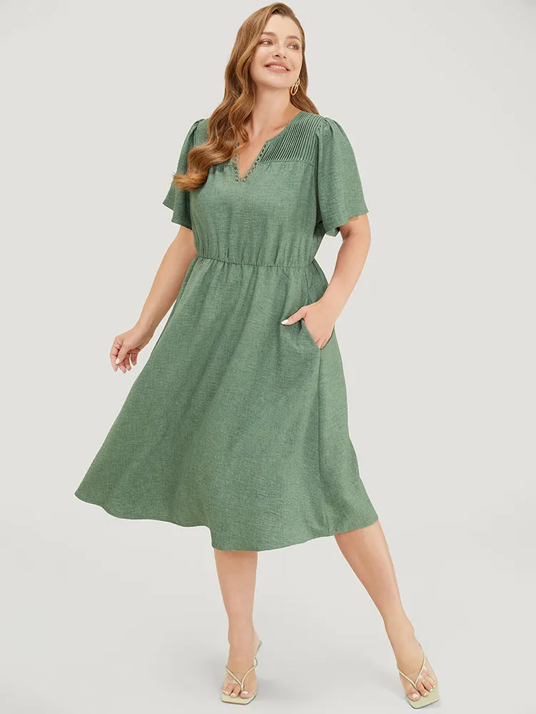 Solid Pleated Detail Lace Pocket Ruffle Sleeve Dress sold by Bloomchic product image thumbnail 2