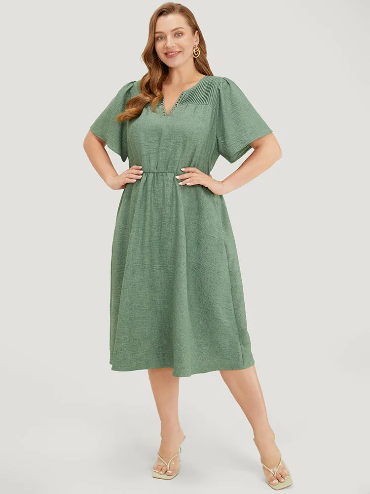 Solid Pleated Detail Lace Pocket Ruffle Sleeve Dress sold by Bloomchic product image thumbnail 3