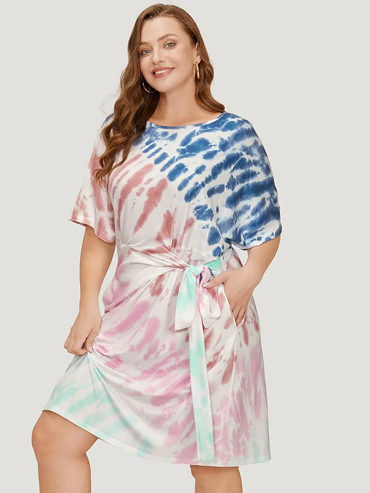 Tie Dye Dolman Sleeve Pocket Knot Side Dress sold by Bloomchic