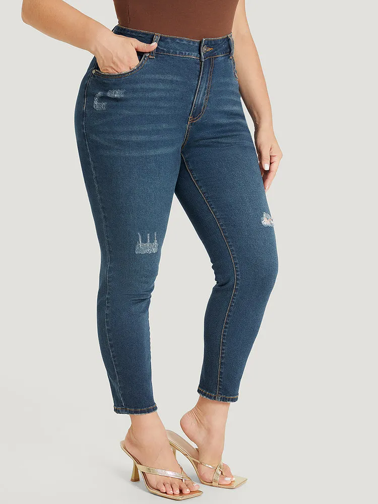 Skinny Moderately Stretchy High Rise Dark Wash Ripped Jeans sold by Bloomchic product image thumbnail 4