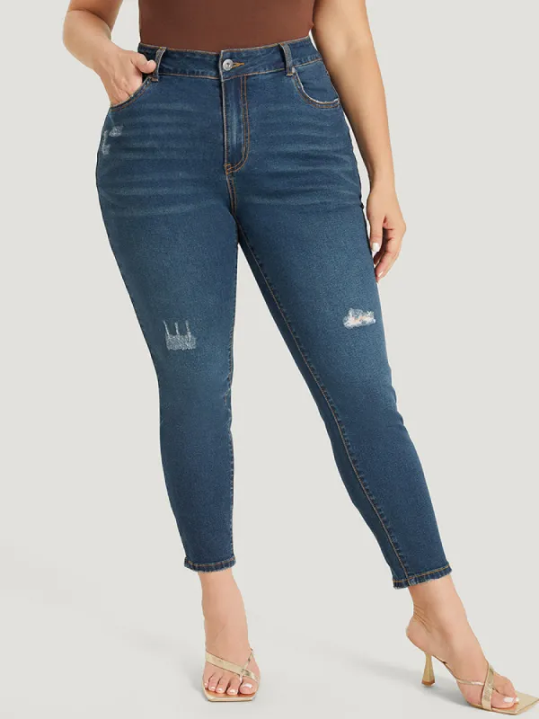 Skinny Moderately Stretchy High Rise Dark Wash Ripped Jeans made by Bloomchic