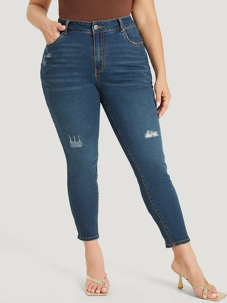 Skinny Moderately Stretchy High Rise Dark Wash Ripped Jeans sold by Bloomchic
