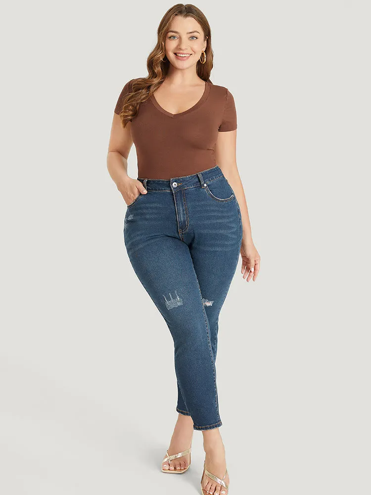 Skinny Moderately Stretchy High Rise Dark Wash Ripped Jeans sold by Bloomchic product image thumbnail 5