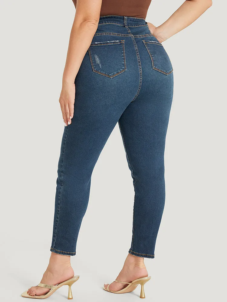 Skinny Moderately Stretchy High Rise Dark Wash Ripped Jeans sold by Bloomchic product image thumbnail 2
