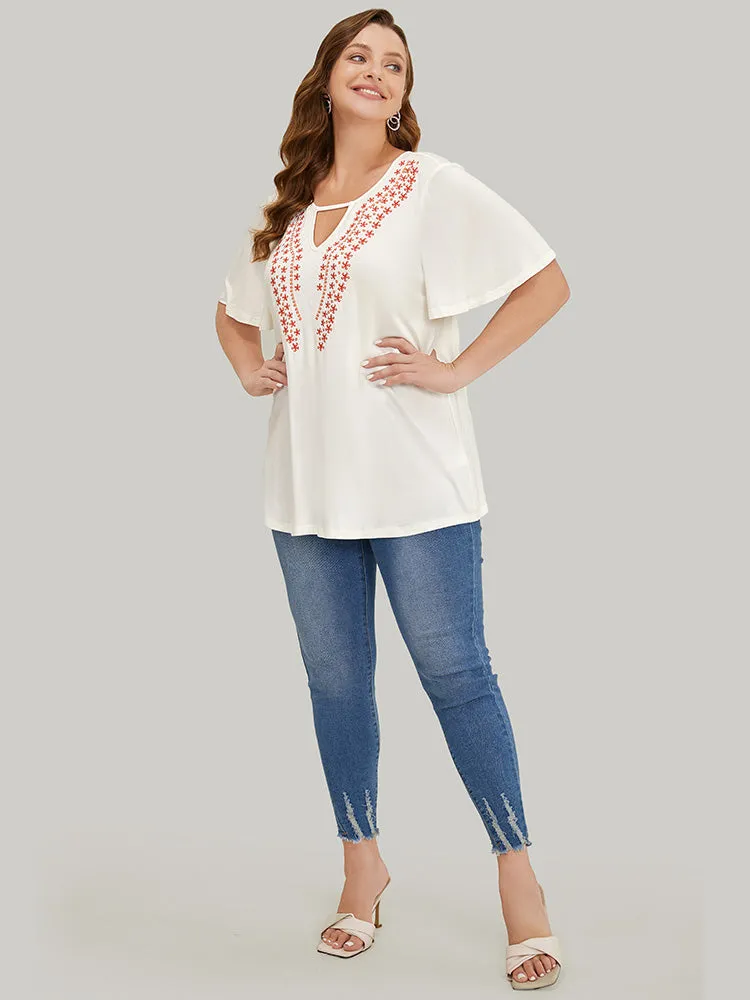 Floral Embroidered Ruffle Sleeve Keyhole Neck T-shirt sold by Bloomchic product image thumbnail 4