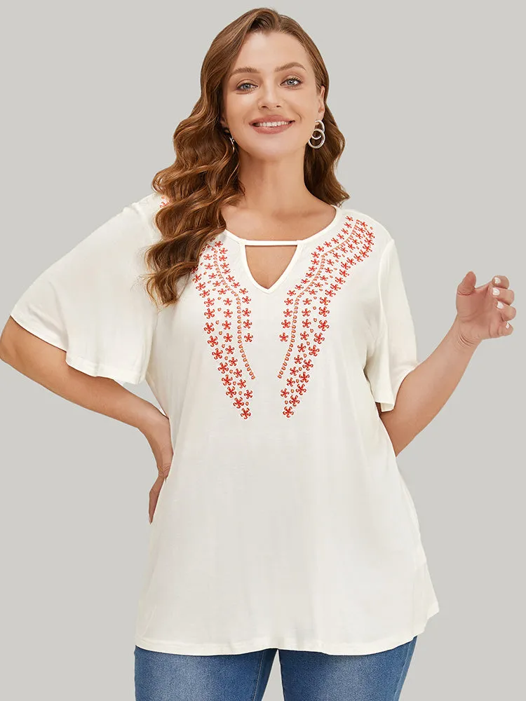 Floral Embroidered Ruffle Sleeve Keyhole Neck T-shirt sold by Bloomchic