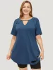 Solid Distressed Detail Arc Hem Keyhole Neck T-shirt sold by Bloomchic