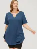 Solid Distressed Detail Arc Hem Keyhole Neck T-shirt sold by Bloomchic