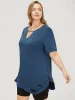 Solid Distressed Detail Arc Hem Keyhole Neck T-shirt sold by Bloomchic