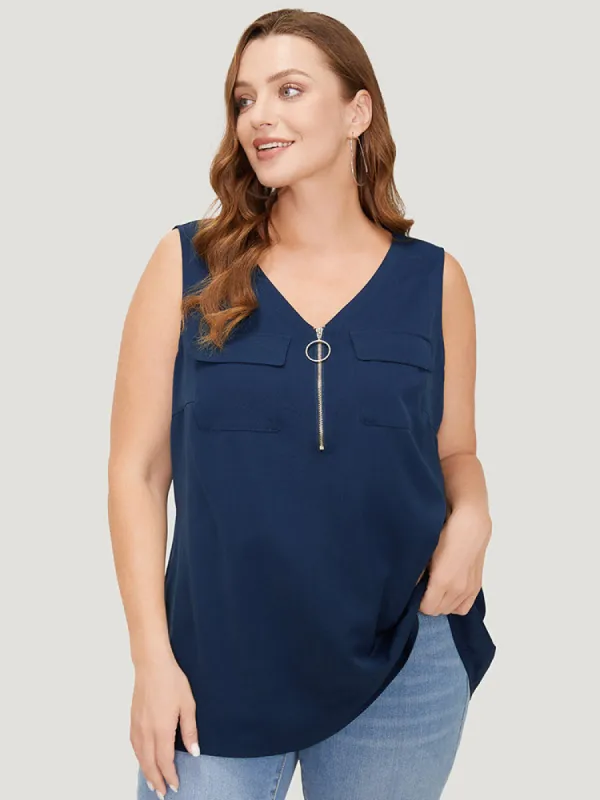 Solid Half Zipper Flap Detail Tank Top sold by Bloomchic