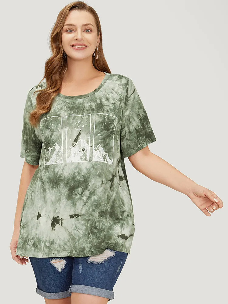 Mountain & Moon Print Graphic Tie Dye T-shirt sold by Bloomchic