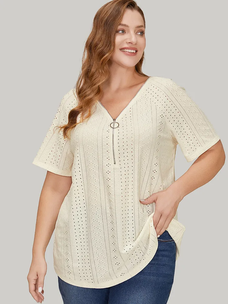 Solid Half Zipper Broderie Anglaise T-shirt sold by Bloomchic