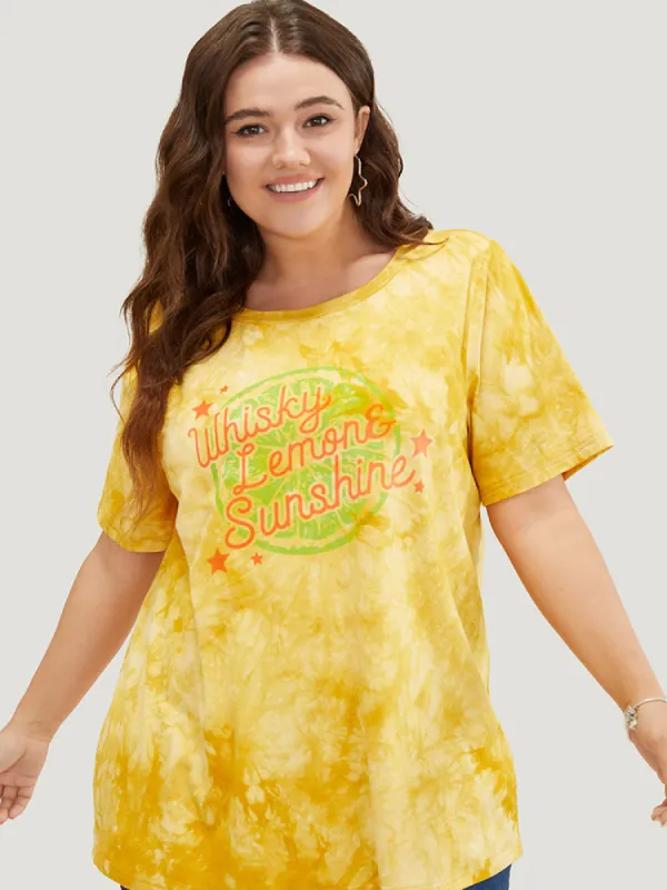Lemon & Letter Print Crew Neck Tie Dye T-shirt made by Bloomchic