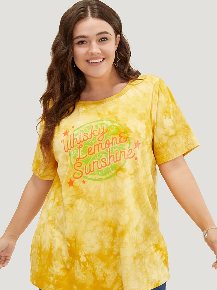 Lemon & Letter Print Crew Neck Tie Dye T-shirt sold by Bloomchic