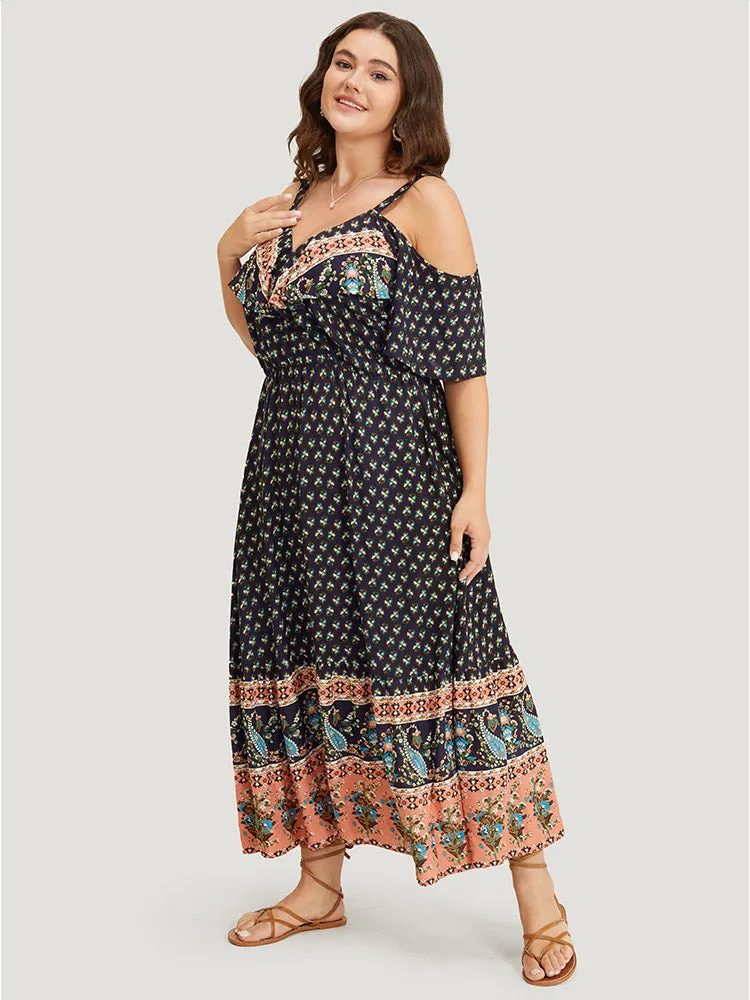 Bandana Print Pocket Ruffle Trim Cold Shoulder Maxi Dress sold by Bloomchic product image thumbnail 3