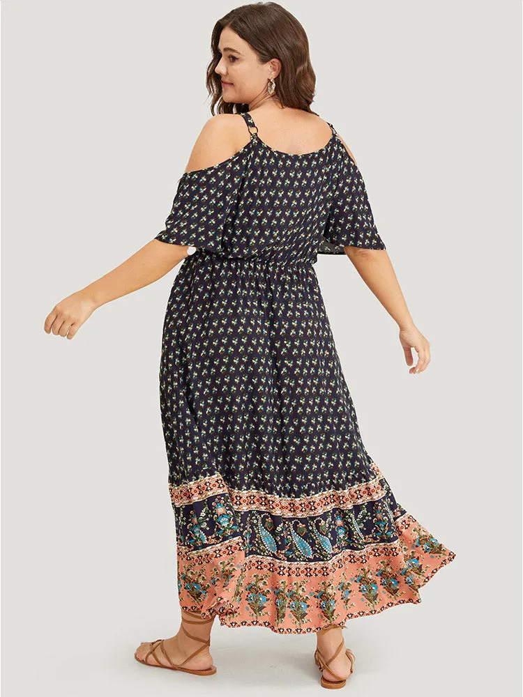 Bandana Print Pocket Ruffle Trim Cold Shoulder Maxi Dress sold by Bloomchic product image thumbnail 4